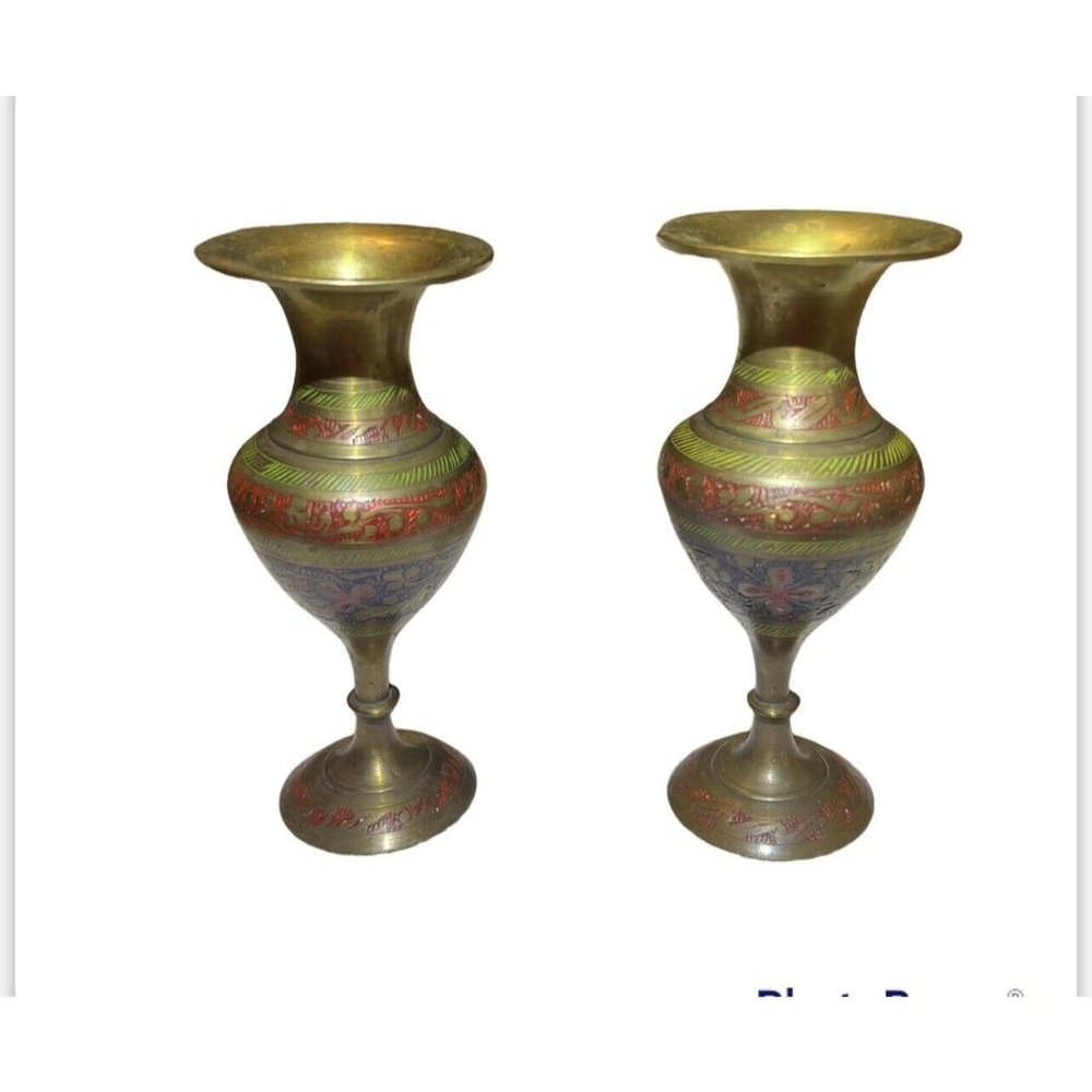 Vintage Antique Etched‎ Engraved Handpainted Solid Brass 5.75” Vase Set India
